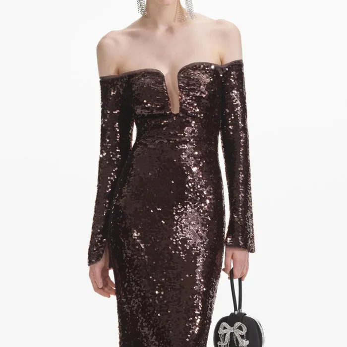 Brown Sequin Off Shoulder Maxi Dress Women Self Portrait Wedding Guest Brown Sequin Off Shoulder Maxi Dress Women Self Portrait Wedding Guest