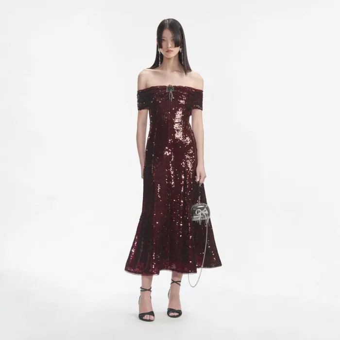 Brown Sequin Off Shoulder Midi Dress Women Self Portrait Dresses