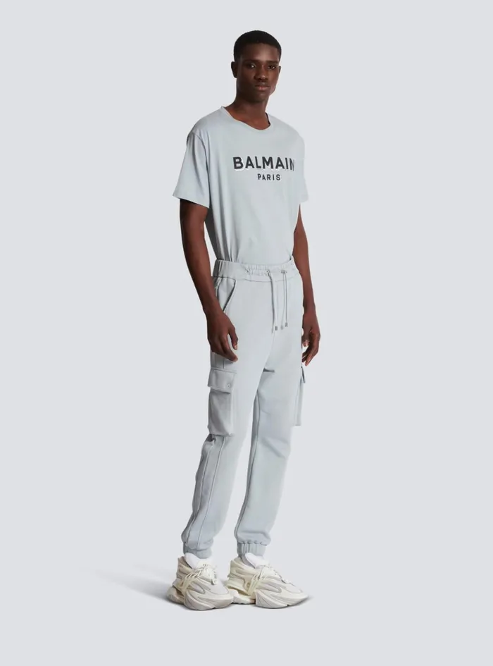 Cargo Joggers With Paris Print Grey Men Balmain Trousers And Shorts