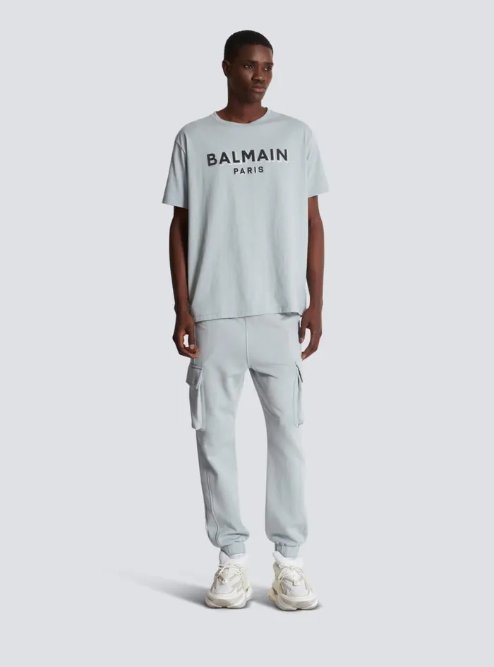 Cargo Joggers With Paris Print Grey Men Balmain Trousers And Shorts