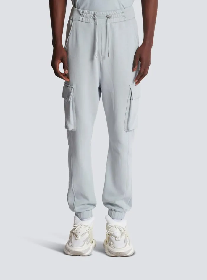 Cargo Joggers With Paris Print Grey Men Balmain Trousers And Shorts