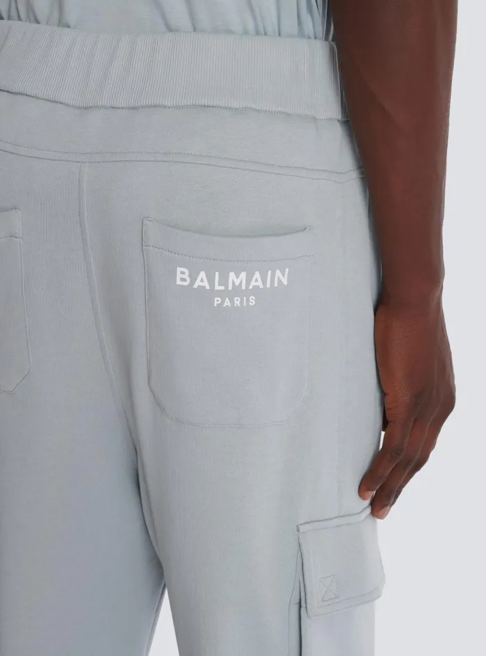 Cargo Joggers With Paris Print Grey Men Balmain Trousers And Shorts