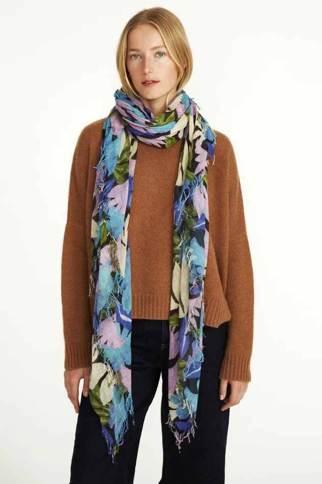 Cashmere And Silk Scarf Pageant Blue Floral Print Women Chan Luu Scarves