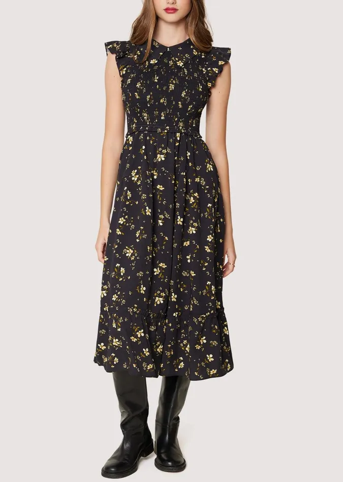 Champagne Daisy Midi Dress Blackyellowfloral Women Lost Wander Dresses