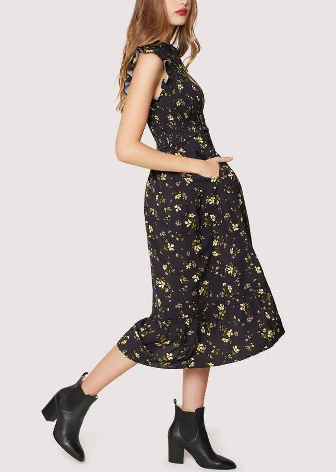 Champagne Daisy Midi Dress Blackyellowfloral Women Lost Wander Dresses
