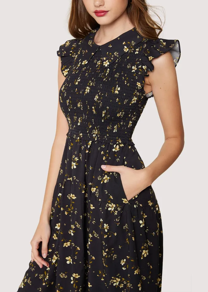 Champagne Daisy Midi Dress Blackyellowfloral Women Lost Wander Dresses