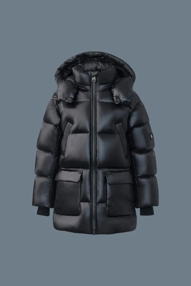 Coats and Jackets Kids Mackage KENNIE Lustrous Light Down Parka With Hood For Kids 814 Years Flame