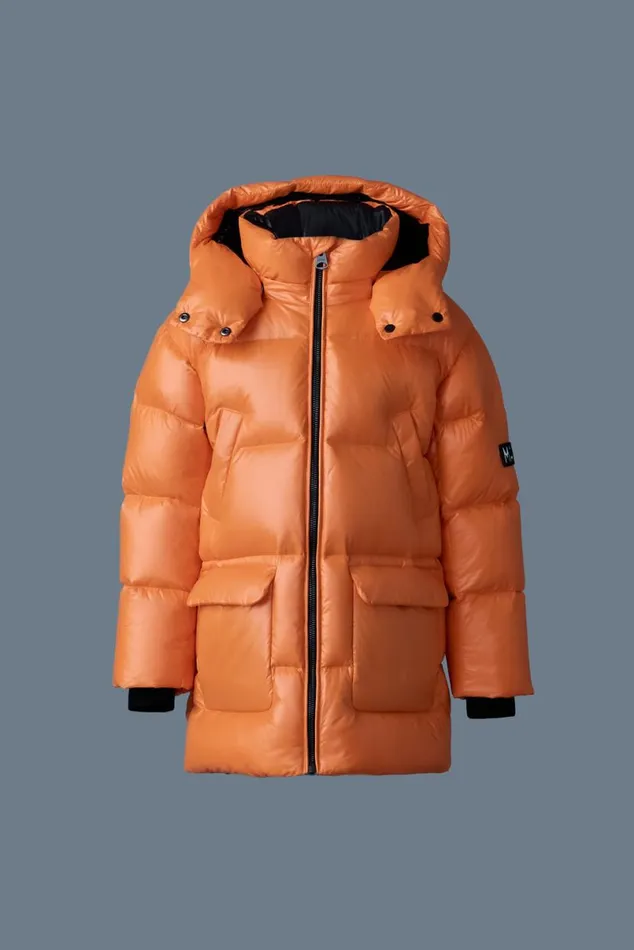 Coats and Jackets Kids Mackage KENNIE Lustrous Light Down Parka With Hood For Kids 814 Years Flame