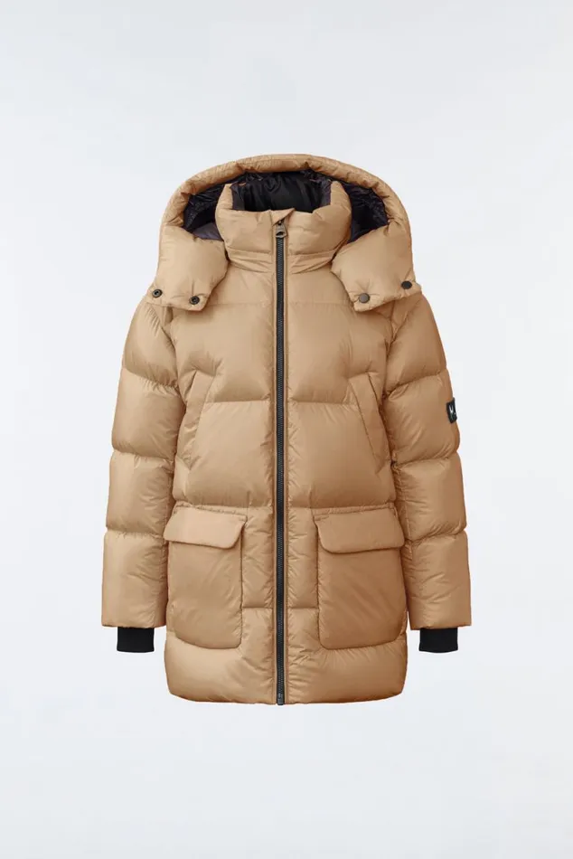 Coats and Jackets Kids Mackage KENNIE Lustrous Light Down Parka With Hood For Kids 814 Years Flame