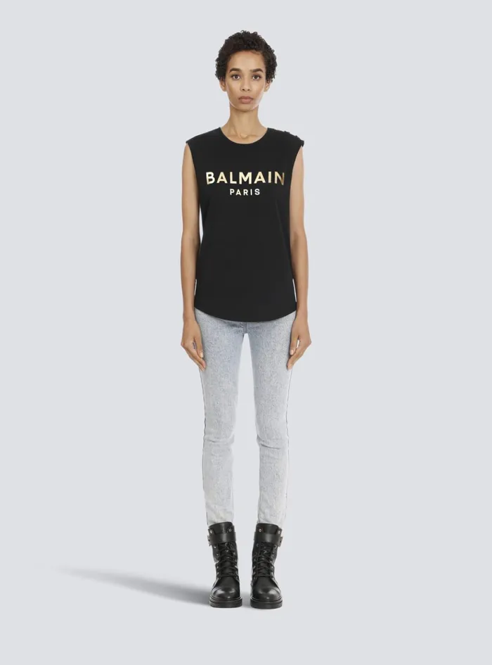 Cotton Tshirt With Logo Print Gold Women Balmain TShirts