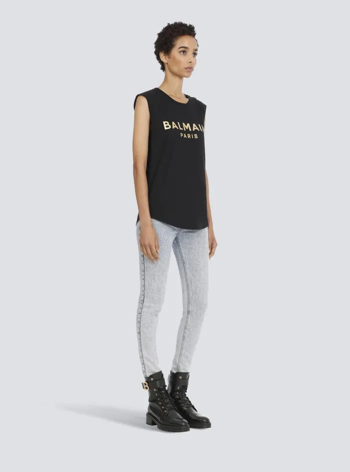 Cotton Tshirt With Logo Print Gold Women Balmain TShirts