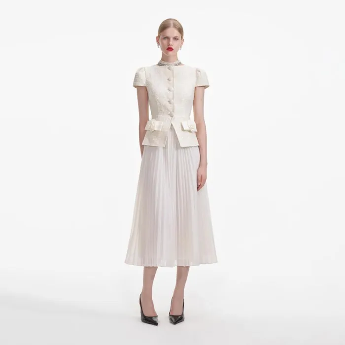 Cream Boucle Bow Detail Midi Dress Women Self Portrait Dresses