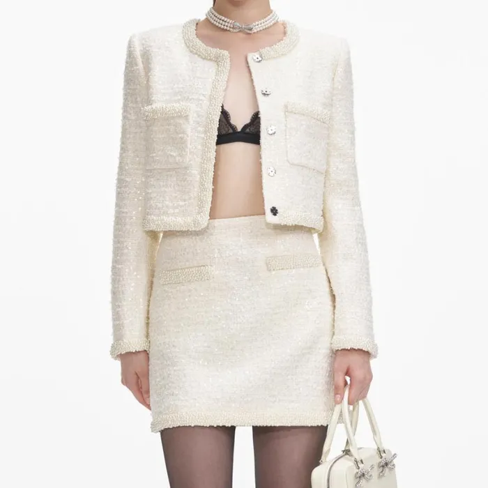 Cream Boucle Pearl Trim Mini Skirt Women Self Portrait Bottoms Cream Boucle Pearl Trim Mini Skirt Women Self Portrait Bottoms