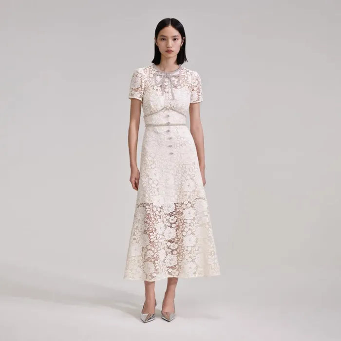 Cream Cord Lace Bow Midi Dress Women Self Portrait Dresses