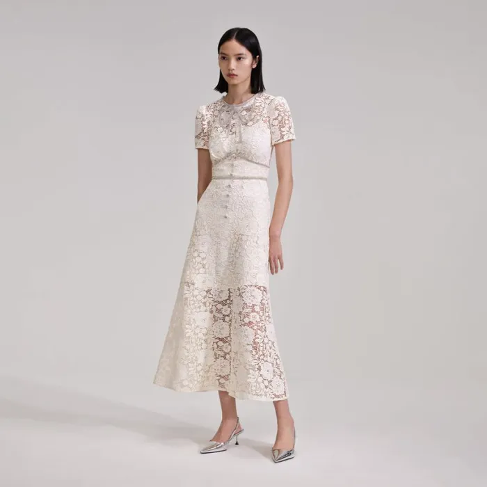 Cream Cord Lace Bow Midi Dress Women Self Portrait Dresses Cream Cord Lace Bow Midi Dress Women Self Portrait Dresses