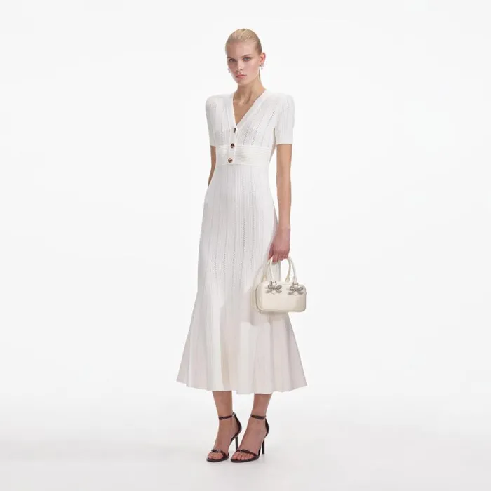 Cream Pointelle Knit Midi Dress Women Self Portrait Dresses Cream Pointelle Knit Midi Dress Women Self Portrait Dresses