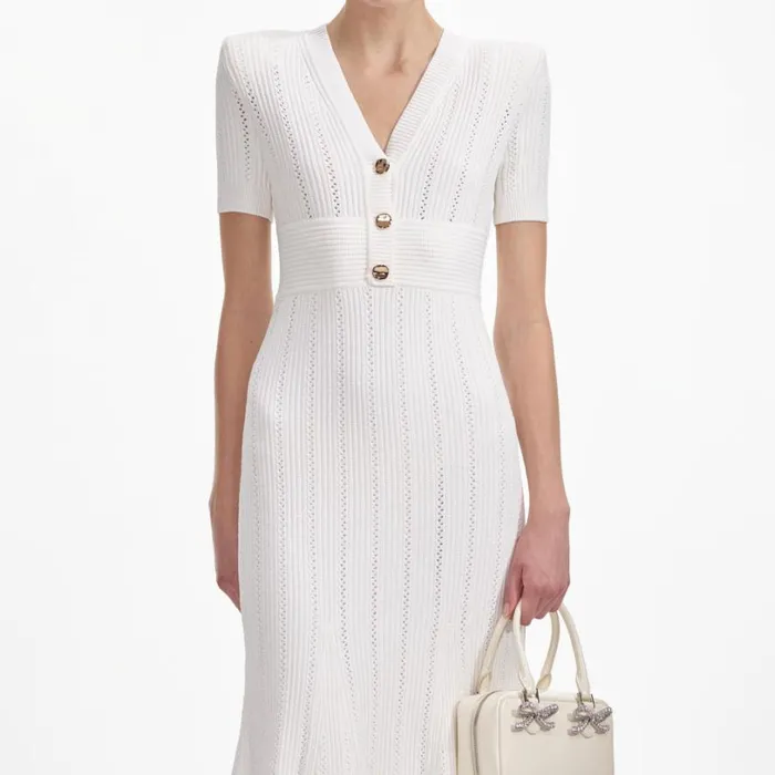 Cream Pointelle Knit Midi Dress Women Self Portrait Dresses Cream Pointelle Knit Midi Dress Women Self Portrait Dresses