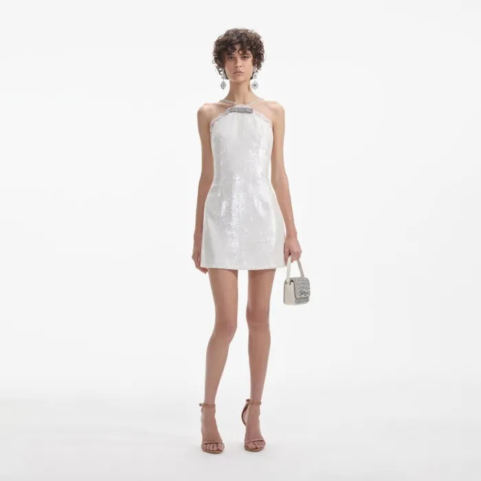 Cream Sequin Halter Mini Dress Women Self Portrait Bride