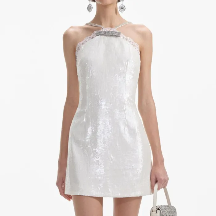 Cream Sequin Halter Mini Dress Women Self Portrait Bride