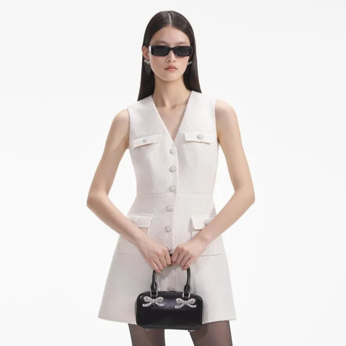 Cream Tinsel Boucle Buttoned Mini Dress Women Self Portrait Dresses