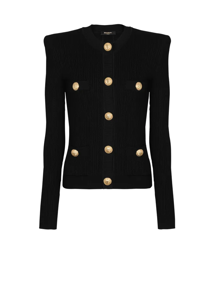 Cropped Ecodesigned Knit Cardigan With Goldtone Buttons Black Women Balmain Knitwear
