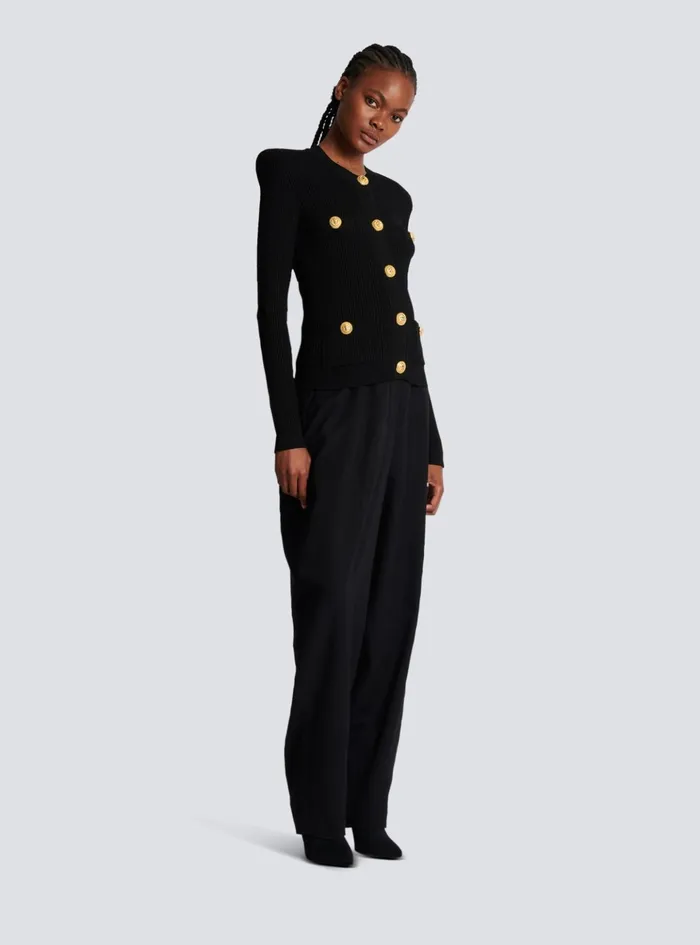 Cropped Ecodesigned Knit Cardigan With Goldtone Buttons Black Women Balmain Knitwear