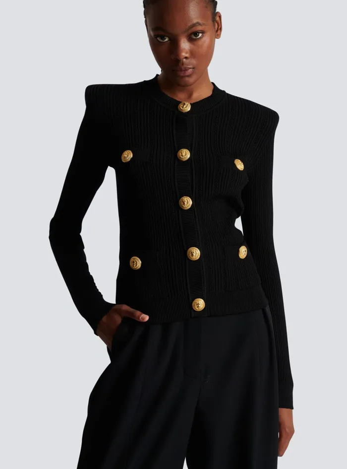 Cropped Ecodesigned Knit Cardigan With Goldtone Buttons Black Women Balmain Knitwear