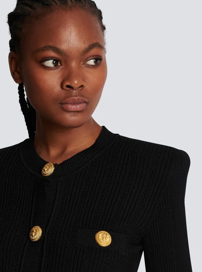 Cropped Ecodesigned Knit Cardigan With Goldtone Buttons Black Women Balmain Knitwear