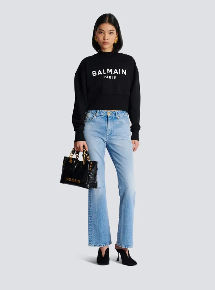 Cropped Sweatshirt With Paris Print Black Women Balmain Sweatshirts