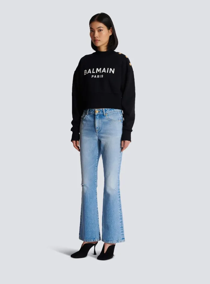 Cropped Sweatshirt With Paris Print Black Women Balmain Sweatshirts