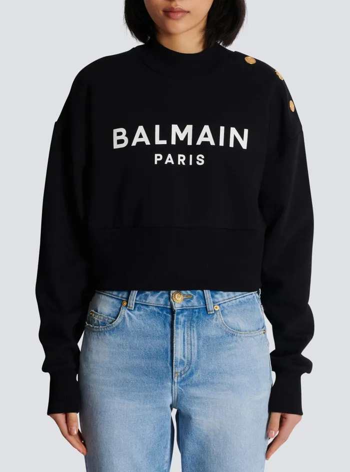 Cropped Sweatshirt With Paris Print Black Women Balmain Sweatshirts