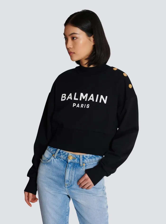 Cropped Sweatshirt With Paris Print Black Women Balmain Sweatshirts