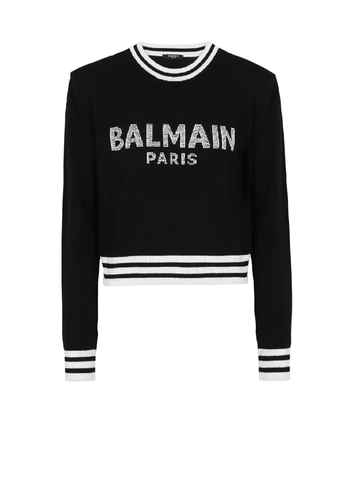 Cropped Wool Sweatshirt With Logo Black Women Balmain Knitwear