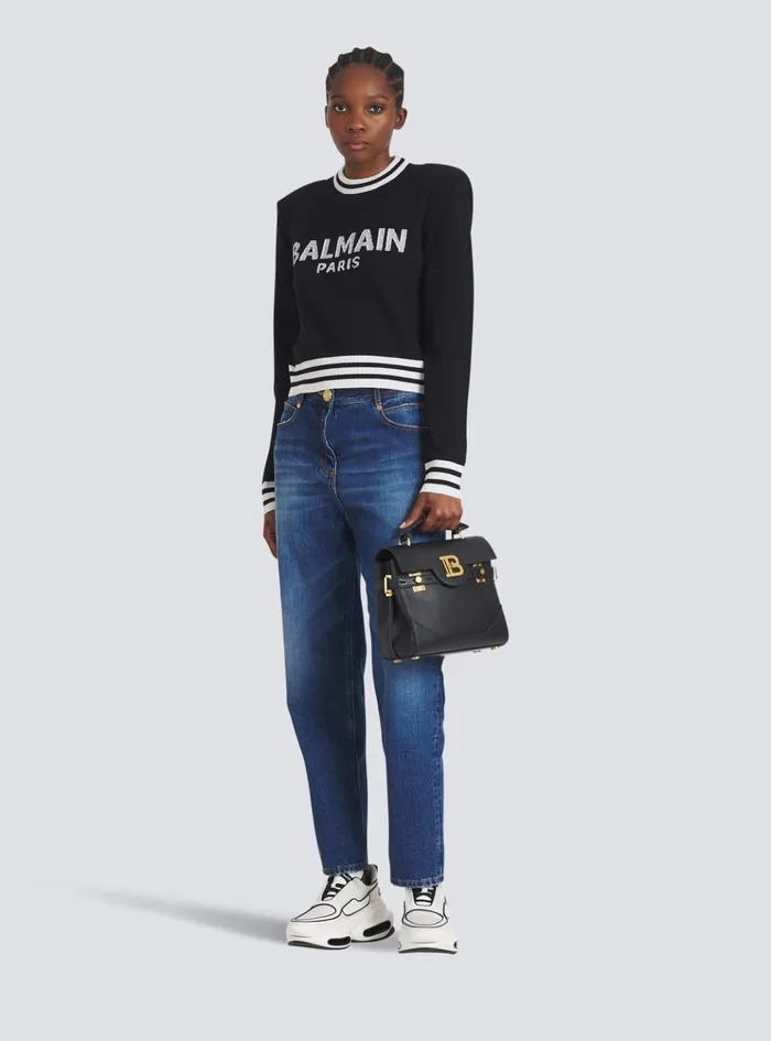 Cropped Wool Sweatshirt With Logo Black Women Balmain Knitwear
