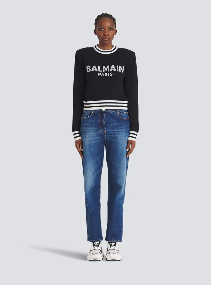 Cropped Wool Sweatshirt With Logo Black Women Balmain Knitwear