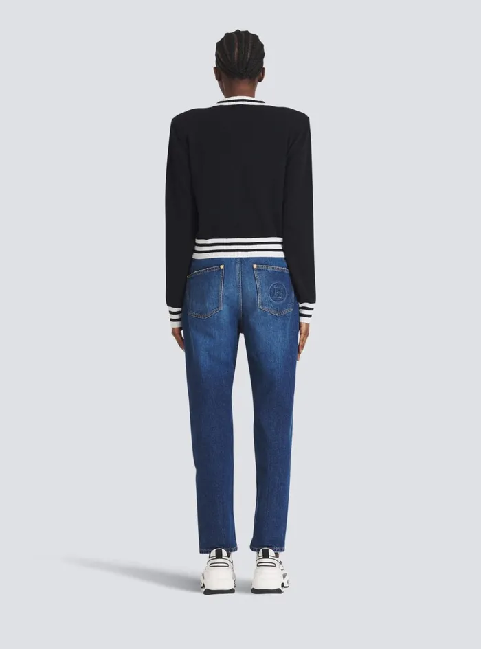 Cropped Wool Sweatshirt With Logo Black Women Balmain Knitwear