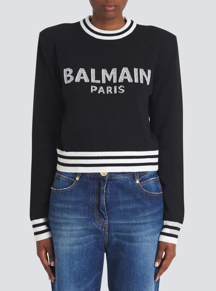 Cropped Wool Sweatshirt With Logo Black Women Balmain Knitwear
