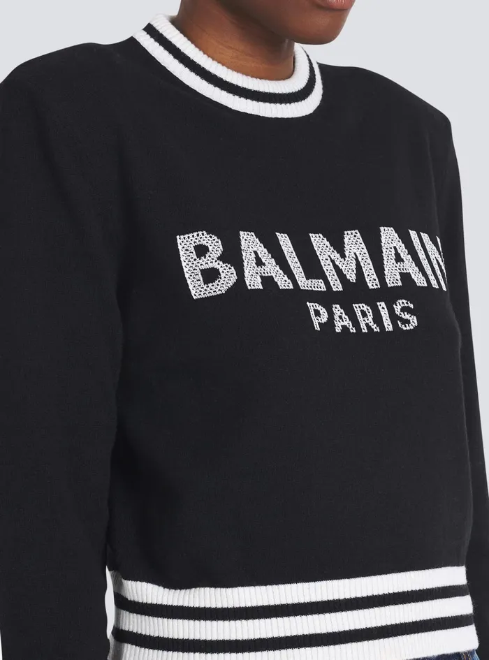 Cropped Wool Sweatshirt With Logo Black Women Balmain Knitwear