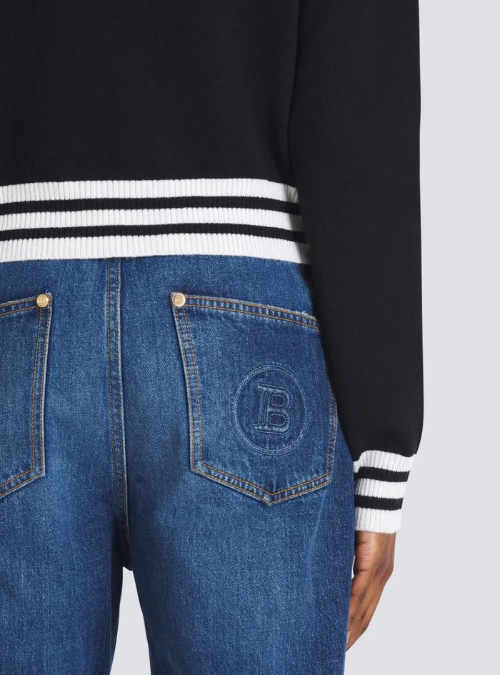 Cropped Wool Sweatshirt With Logo Black Women Balmain Knitwear