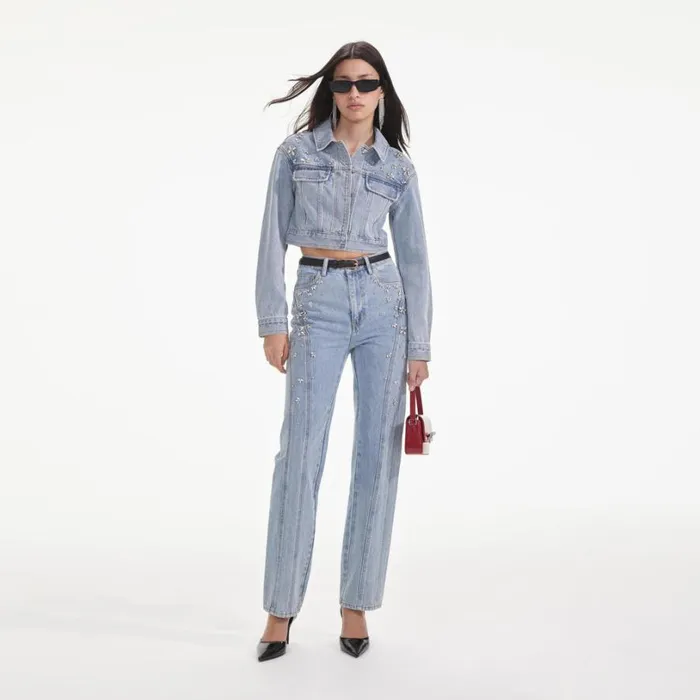 Crystal Embellished Denim Jacket Women Self Portrait Denim