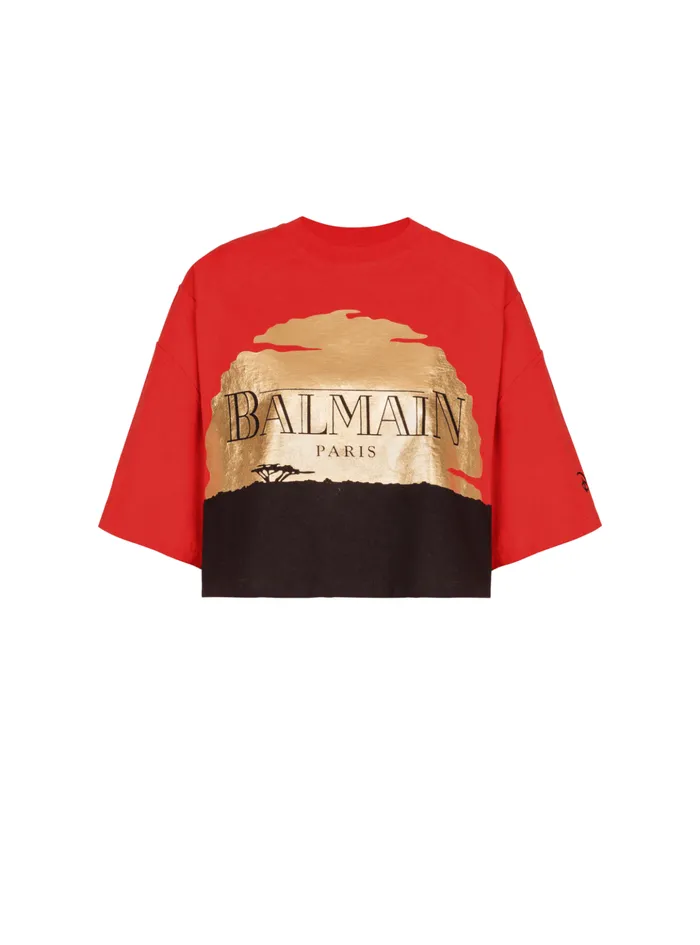 Disney X The Lion King 8211 Cropped Tshirt With Sunset Print Red Women Balmain TShirts