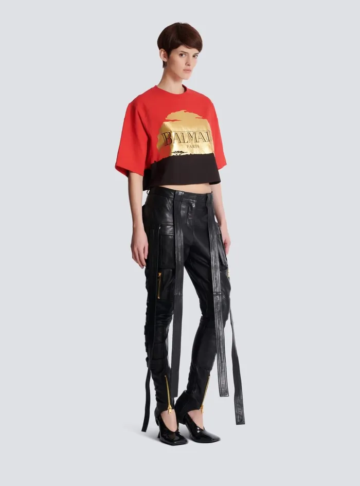 Disney X The Lion King 8211 Cropped Tshirt With Sunset Print Red Women Balmain TShirts