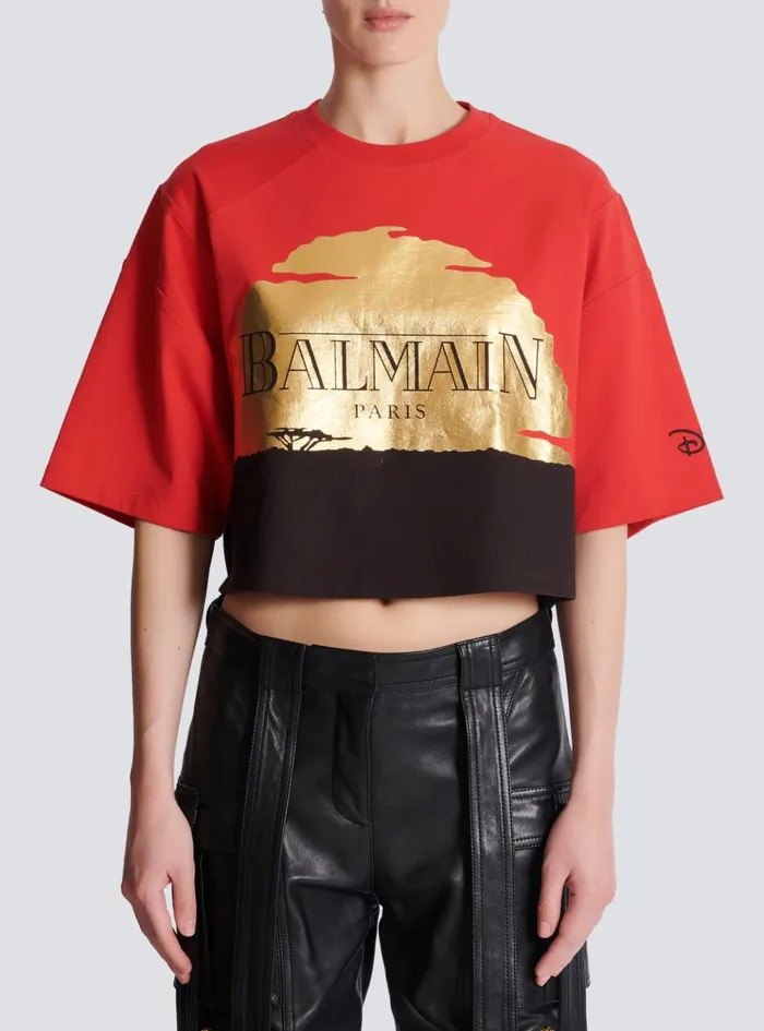 Disney X The Lion King 8211 Cropped Tshirt With Sunset Print Red Women Balmain TShirts