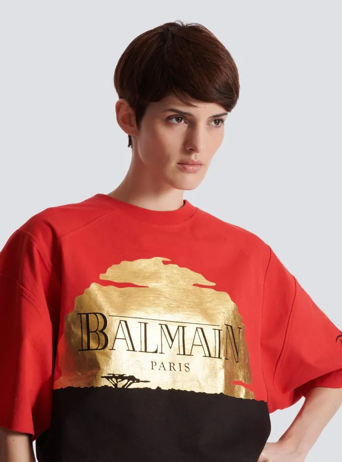 Disney X The Lion King 8211 Cropped Tshirt With Sunset Print Red Women Balmain TShirts