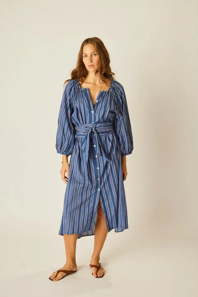 Dresses Shop Natalie Martin ALEX MIDI WITH SASH Batik Stripe Navy