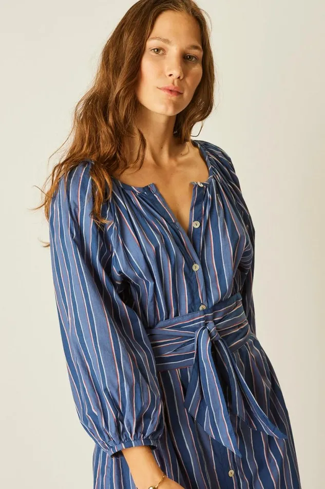 Dresses Shop Natalie Martin ALEX MIDI WITH SASH Batik Stripe Navy