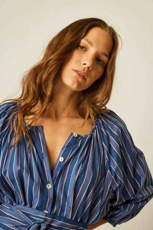 Dresses Shop Natalie Martin ALEX MIDI WITH SASH Batik Stripe Navy