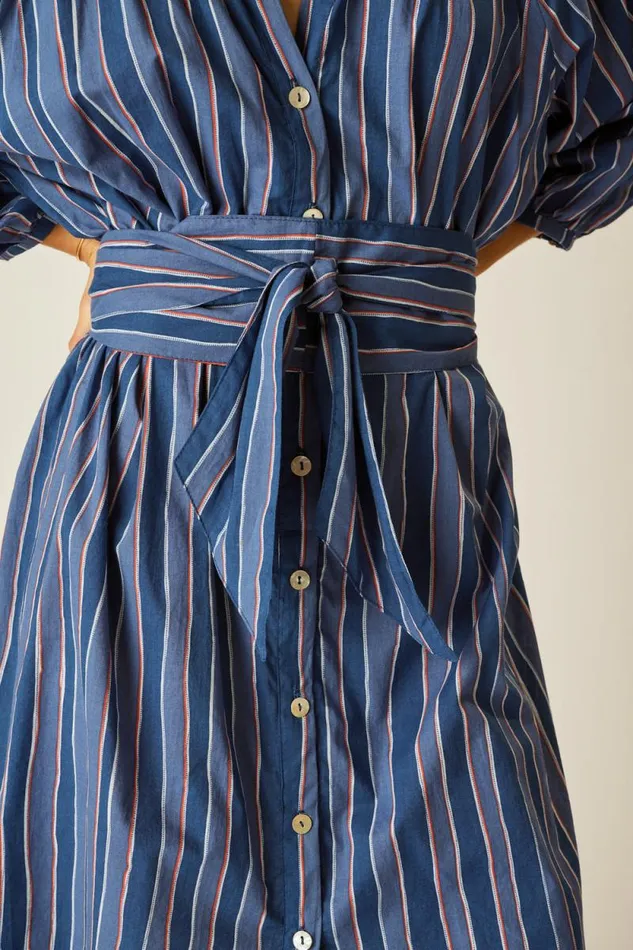Dresses Shop Natalie Martin ALEX MIDI WITH SASH Batik Stripe Navy