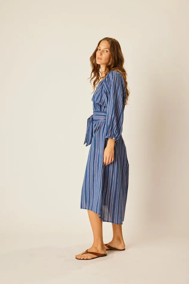 Dresses Shop Natalie Martin ALEX MIDI WITH SASH Batik Stripe Navy