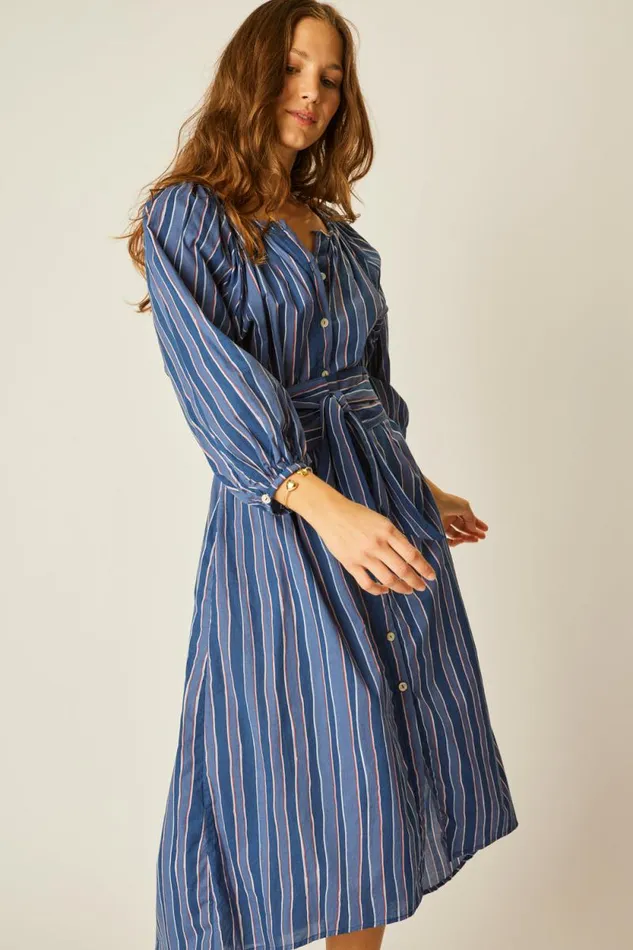 Dresses Shop Natalie Martin ALEX MIDI WITH SASH Batik Stripe Navy